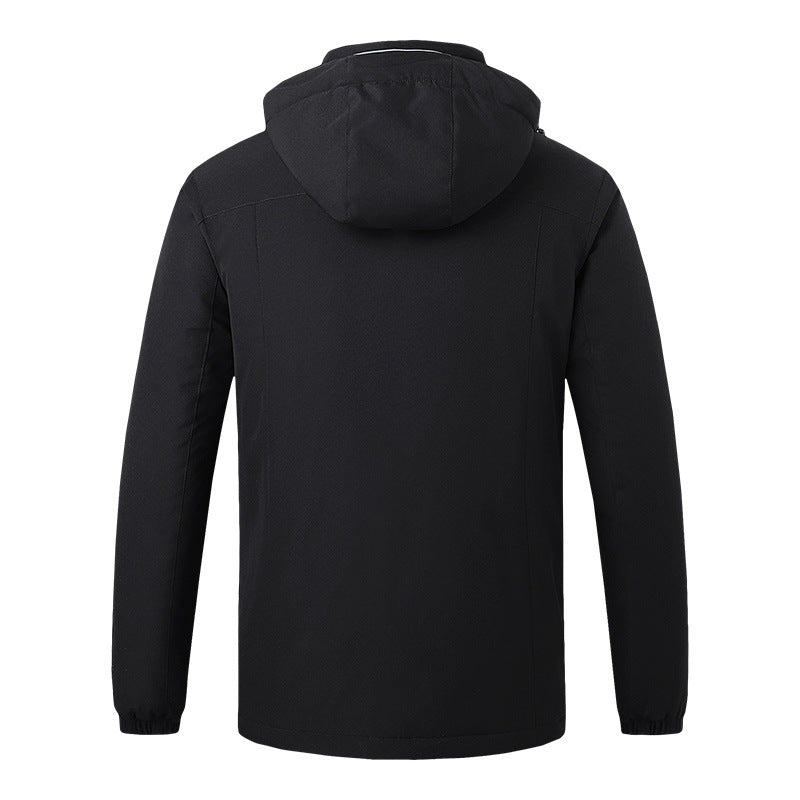 black 8 area heated ski jacket with detachable hood back