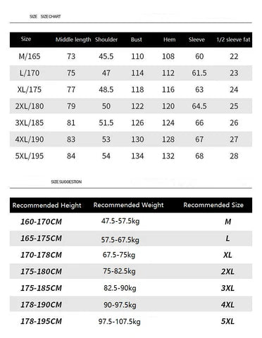 Size chart and weight recommendation chart for clothing on a white background