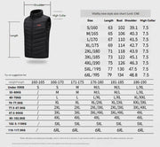 Black vest with size chart and measurement guide on a white background