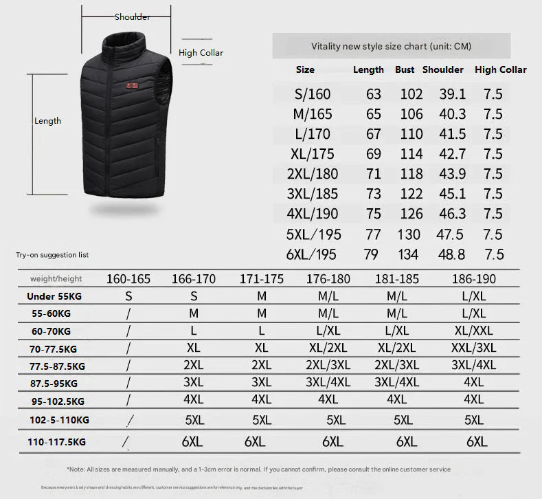 Black vest with size chart and measurement guide on a white background