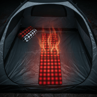 Heated camping mat with flames inside a tent
