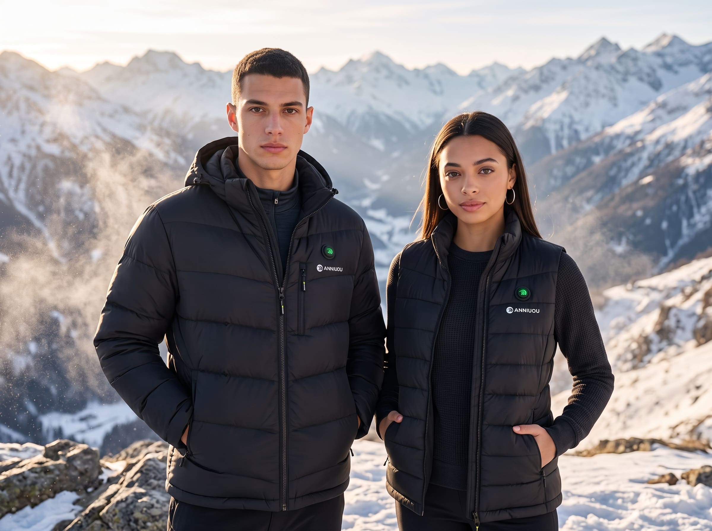 man and woman wearing a heated jacket and vest in the mountains