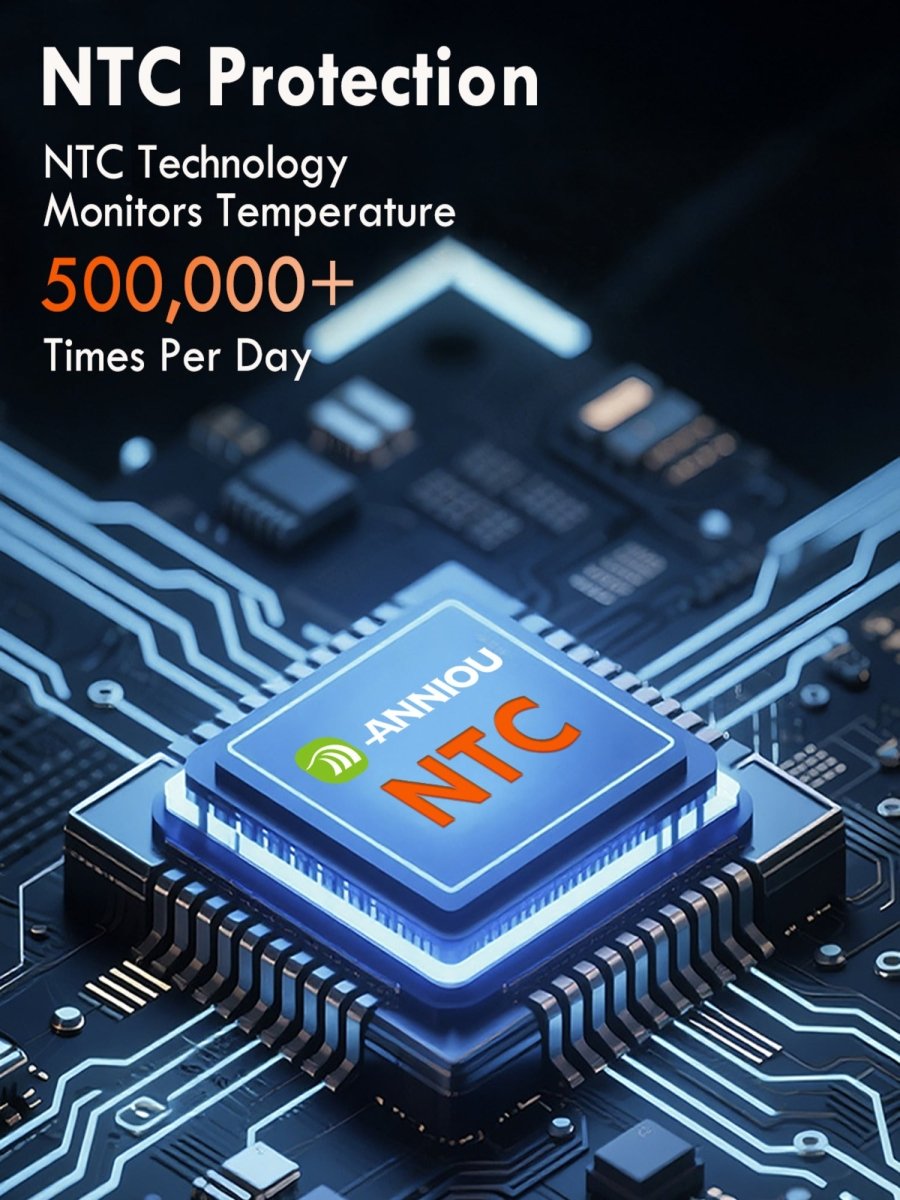 NTC technology chip on a circuit board with text about temperature monitoring heated clothing