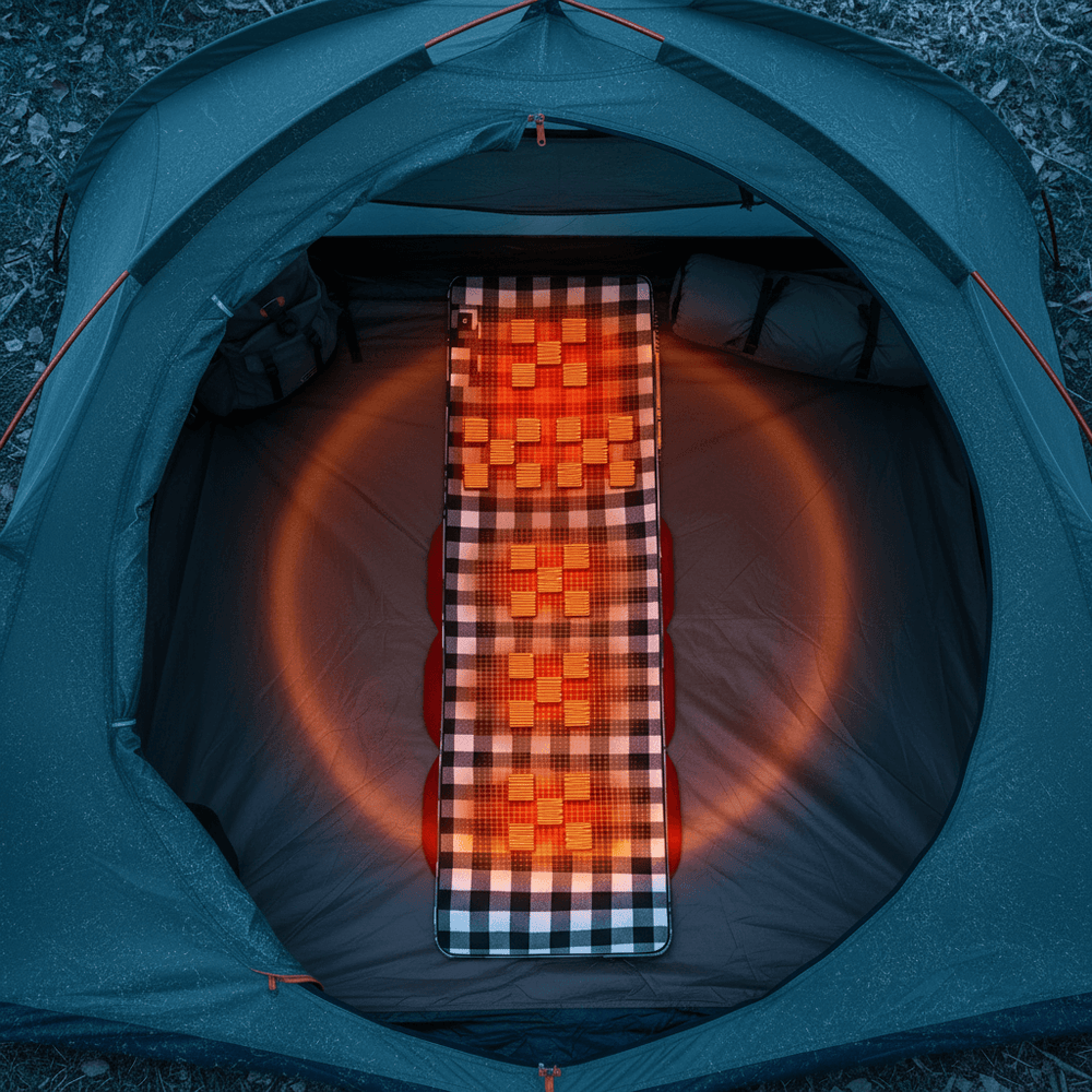 Heated grey camping mat inside a tent with glowing orange heat indicator