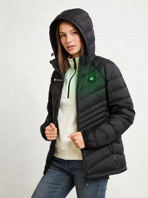 A young woman wearing a black hooded heated puffer jacket with a green and white logo on the right chest.