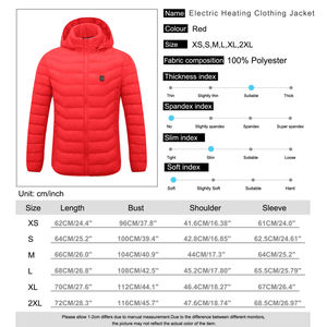 Red electric heating clothing jacket with size chart on a white background