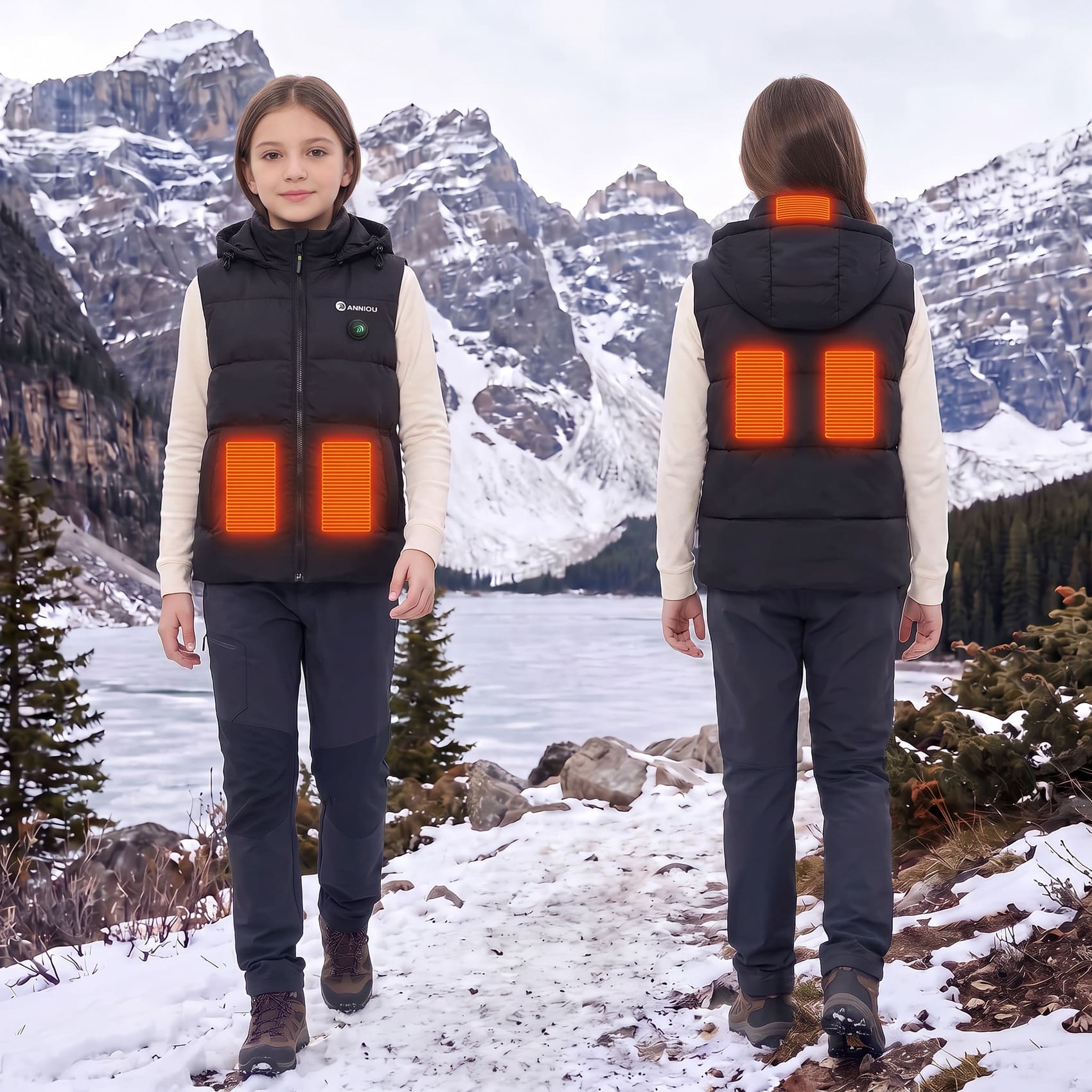 A child model is shown outdoors in a snowy mountain landscape, wearing a black heated vest from the front and back. The vest features glowing orange heating pads on the front and back, demonstrating its function.