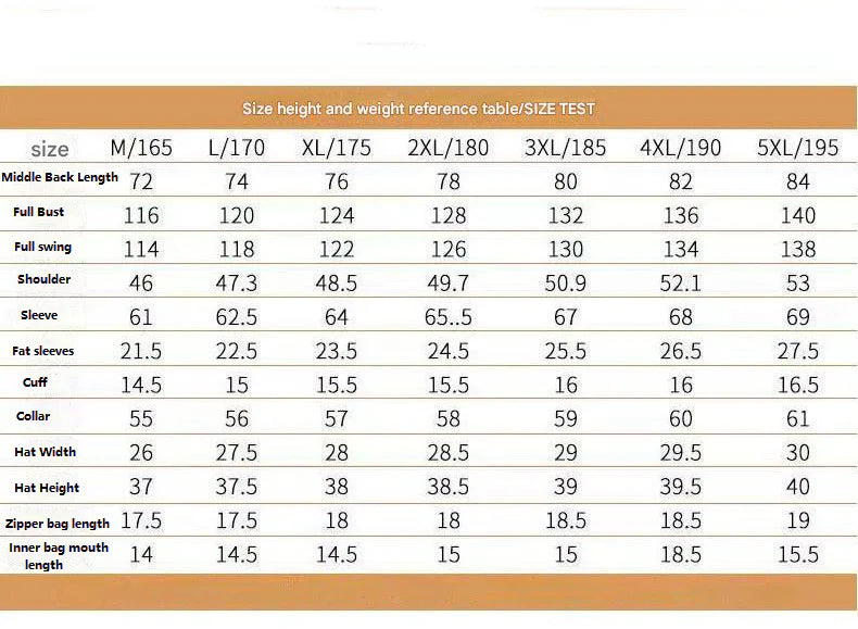 Size height and weight reference table with measurements for various clothing parts for heated down jacket