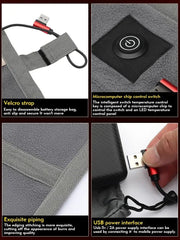 Collage of heated mat  features including a velcro strap, microcomputer chip control switch, USB power interface, and exquisite piping on a battery storage bag.