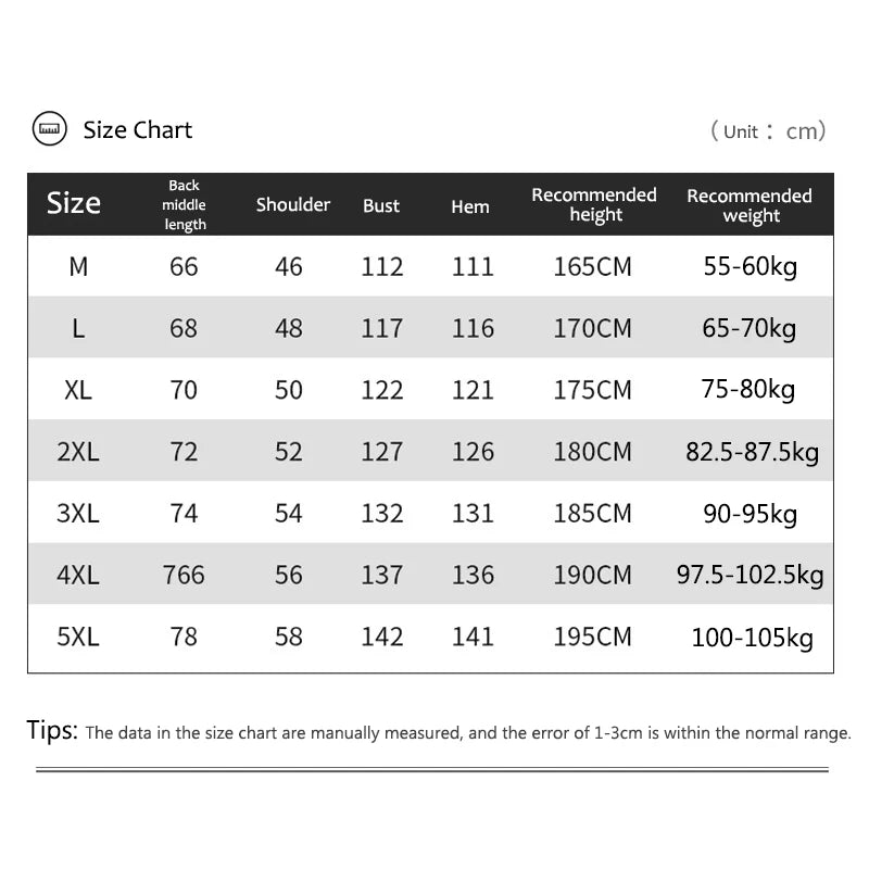 Size chart for clothing measurements in centimeters and kilograms