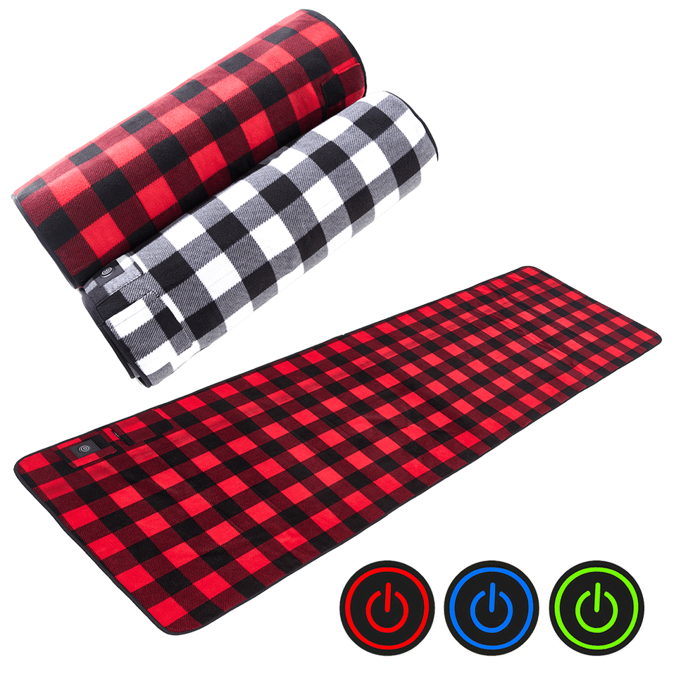 Red and black checkered heated pad with power symbol icons on a black background