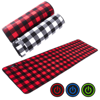 Red and black checkered heated pad with power symbol icons on a black background