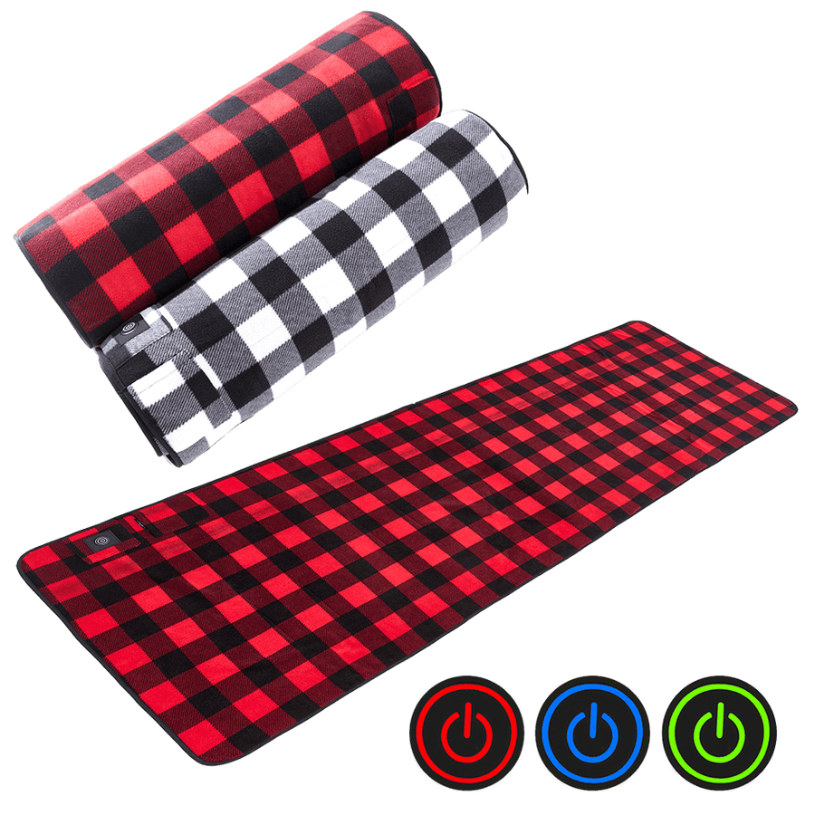 Red and black checkered heated pad with power symbol icons on a black background