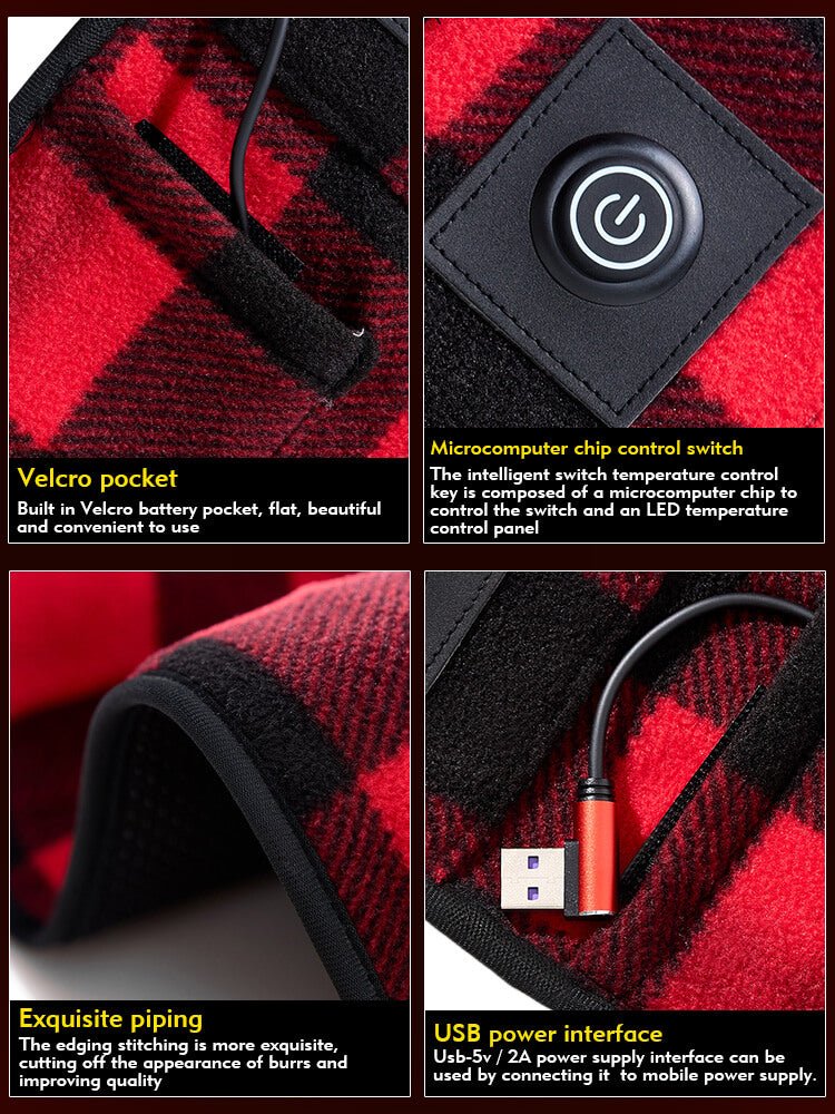 Collage of a red and black checkered heated pads product with features highlighted.