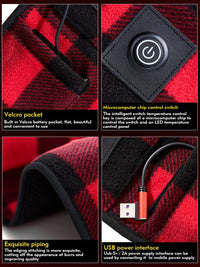 Collage of a red and black checkered heated pads product with features highlighted.