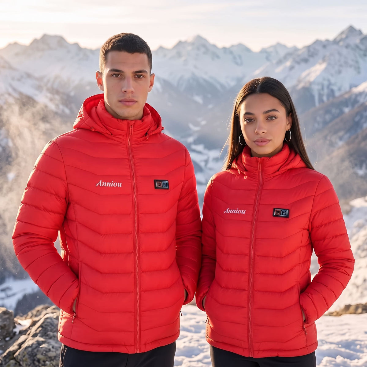 A man and a woman wearing matching bright red hooded puffer jackets stand in a snowy mountain landscape. The jackets have white 'Anniou' script on the chest and a small black rectangular logo patch on the left chest.