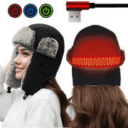 Heated winter hat with USB cable and power symbols on a white background