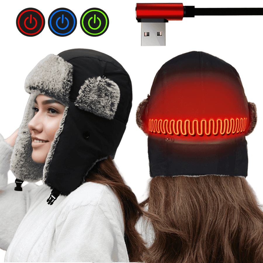 Heated winter hat with USB cable and power symbols on a white background
