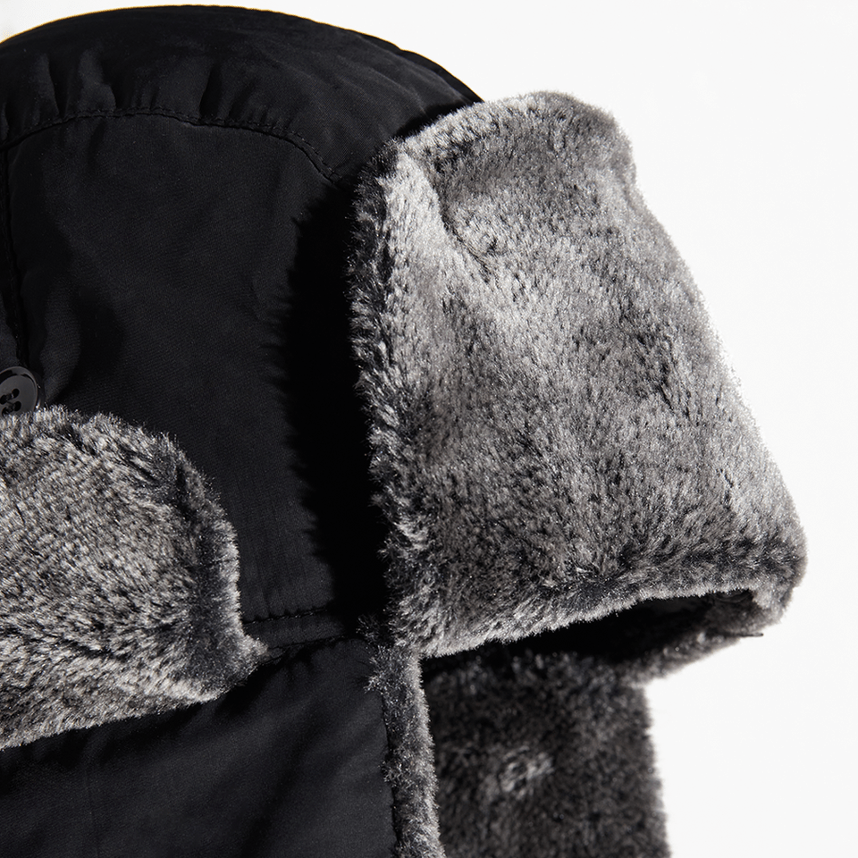 heated trapper hat grey fabric in black