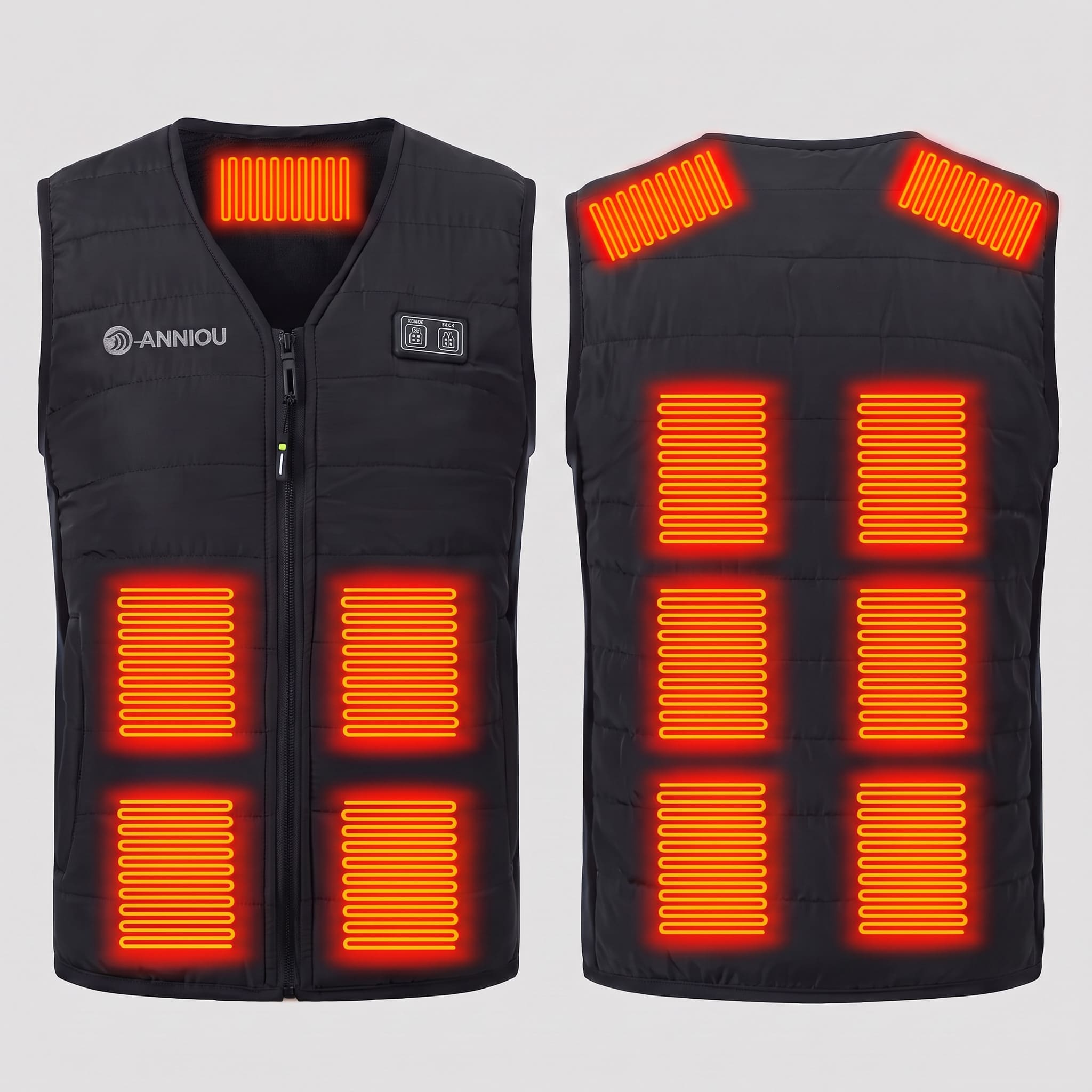 Black quilted wearable heating vest shown from the front and back on a light gray background, with 13 heat panels visible on the front zipper area, chest, shoulders, and back by Anniou.