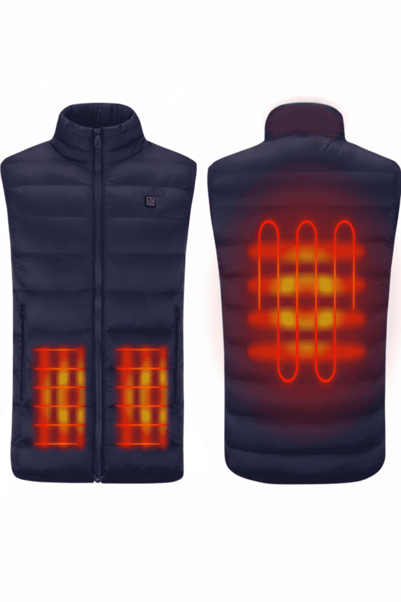 Navy blue heated vest shown from front and back on a white background