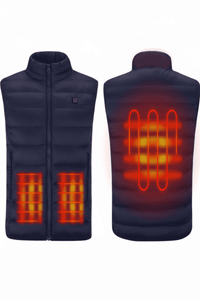Navy blue heated vest shown from front and back on a white background