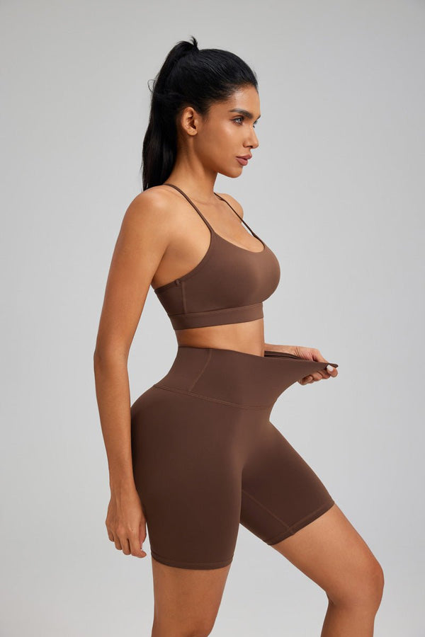  high waist #brown butt lift yoga shorts and sports bra
