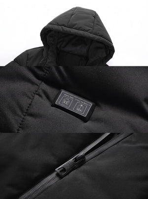 hood and dual switch details of #Black 11 Area Heated Padded Jacket
