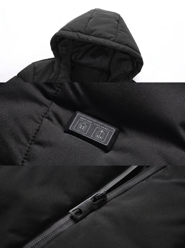 hood and dual switch details of #Black 11 Area Heated Padded Jacket