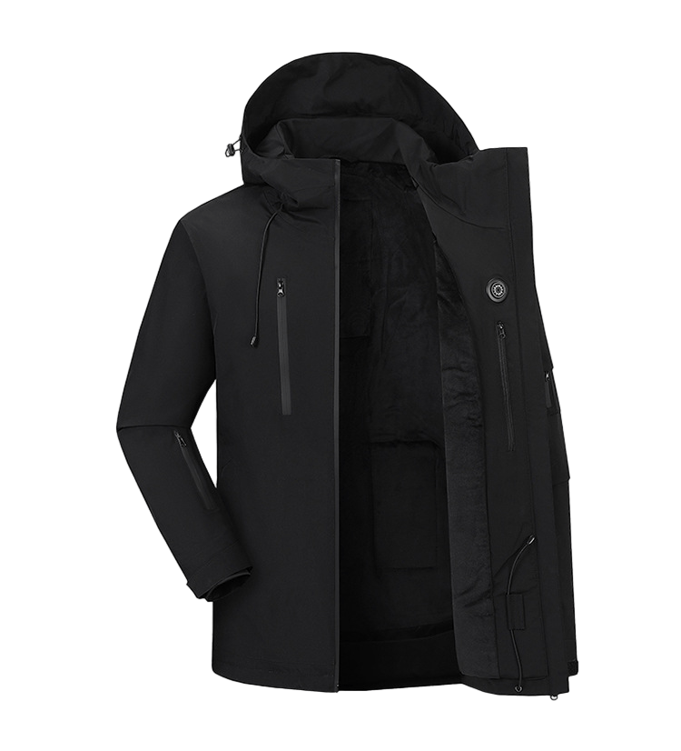 hooded black Heated Outdoor Jacket open with zip and hood