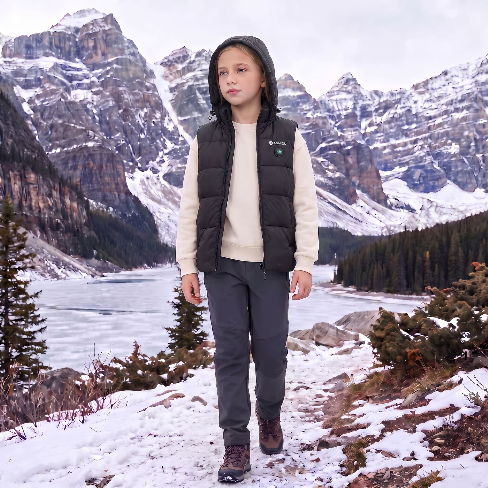 A child stands on a snowy mountain path wearing a black puffer vest over a cream sweater, dark pants, and brown hiking boots, with snow-covered mountains and a lake in the background.