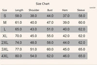 Size chart for clothing measurements in centimeters