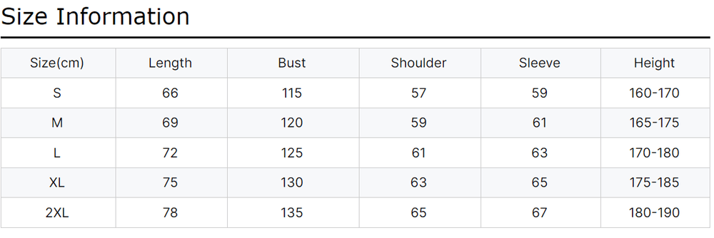 Size chart for clothing with measurements in centimeters
