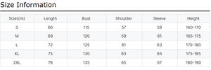 Size chart for clothing with measurements in centimeters