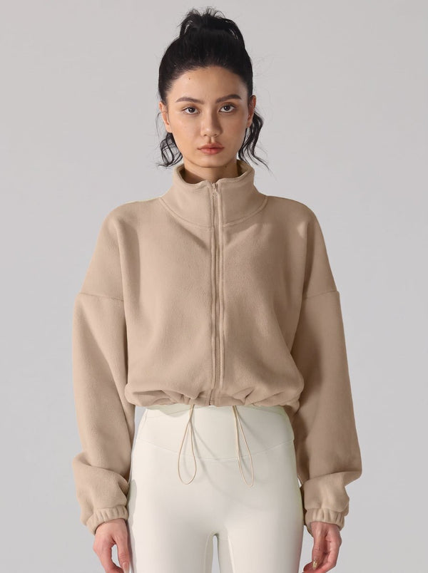 #khaki Sherpa Fleece Stand Collar Jacket