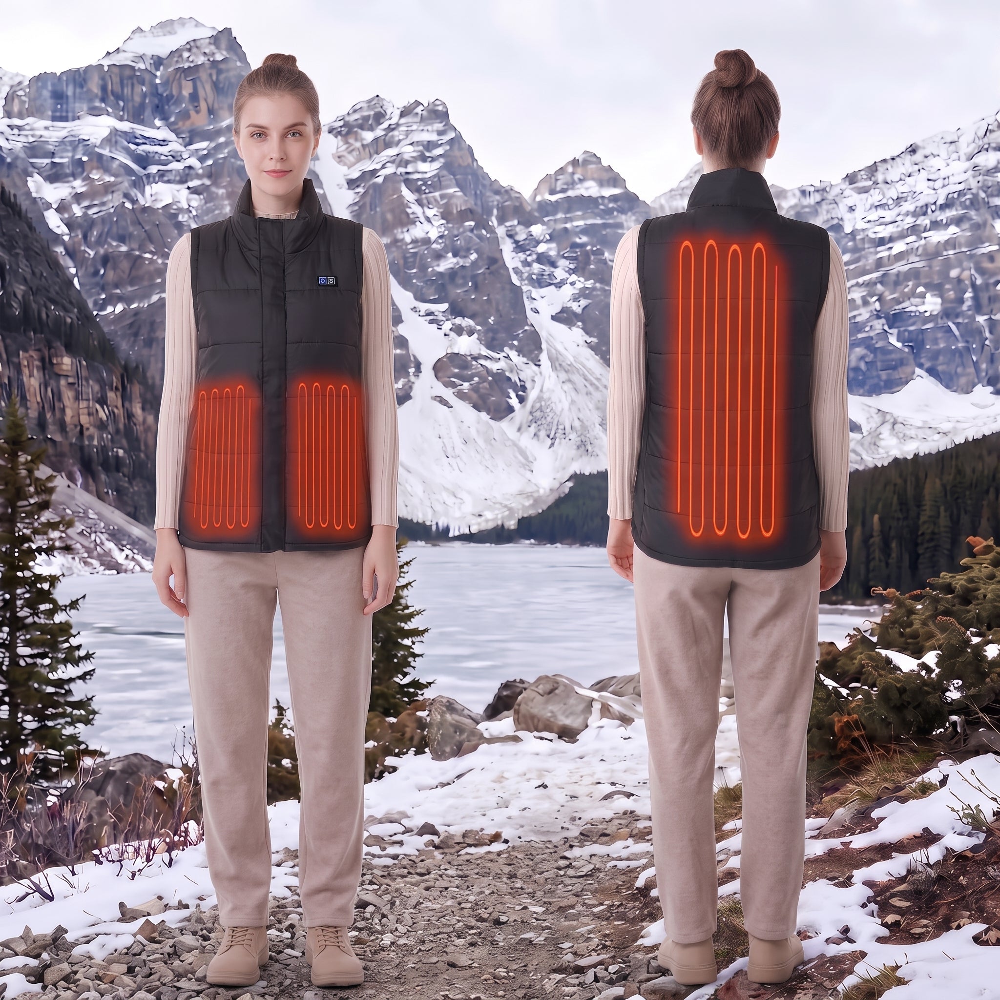 showing front and back view of a woman wearing black heated vest. Glowing orange heating zones displayed on abdomen and back, snowy mountain lake winter scenery background, demonstrating heating areas of ladies' electric thermal gilet.