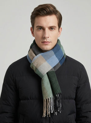 #lakegreen Men Plaid Tassel Check Pattern Neck Scarf
