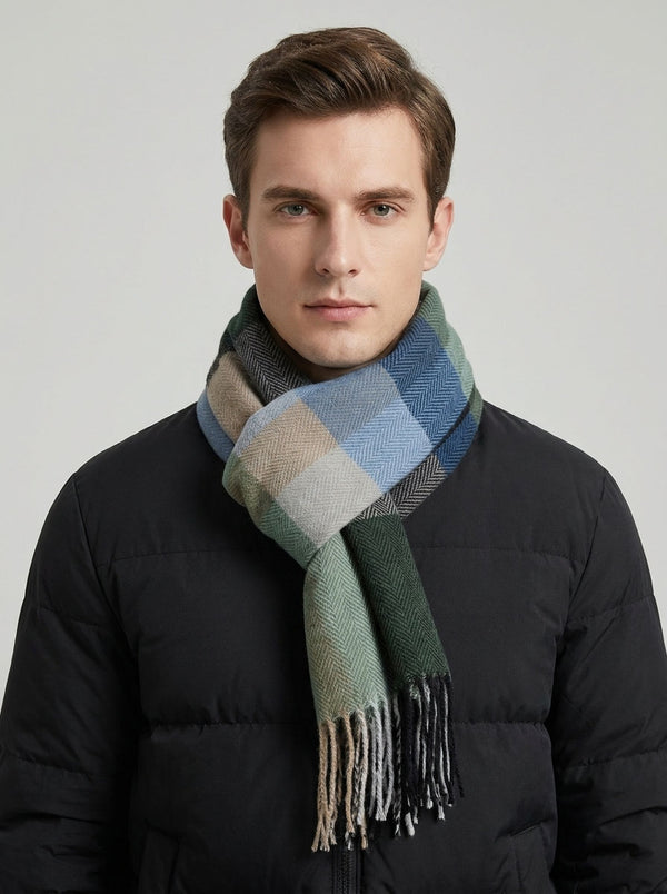 #lakegreen Men Plaid Tassel Check Pattern Neck Scarf