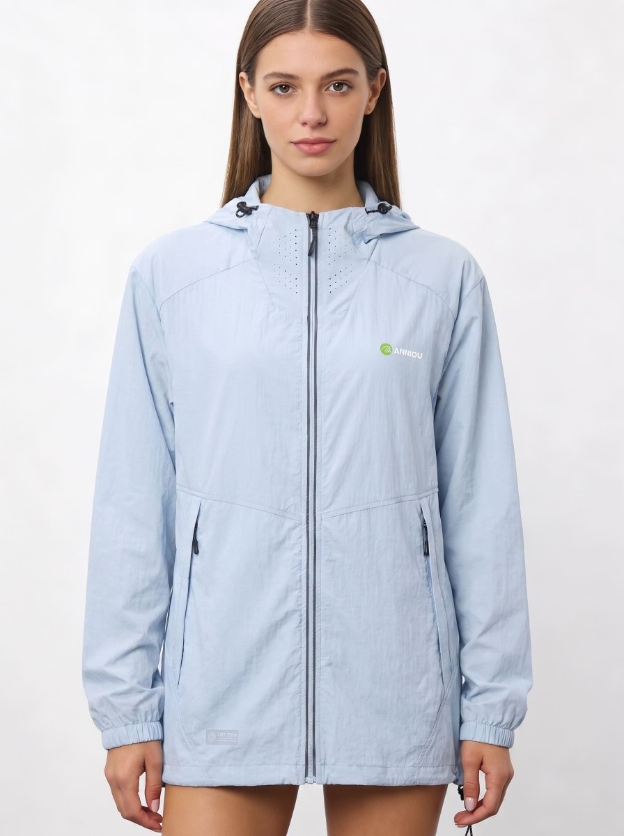 womens #lightblue UV Protection Jacket with air vents to the necklin, Anniou logo and a zip up front