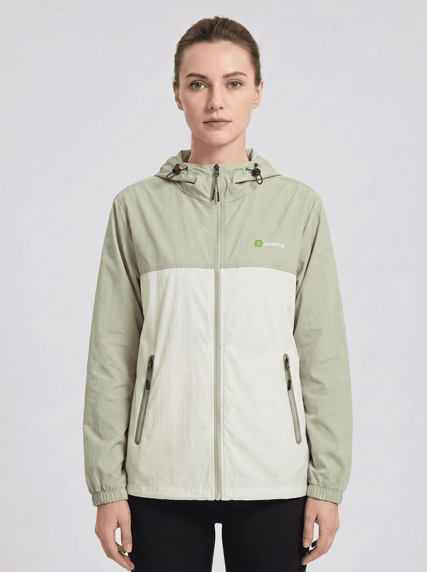 women's Lightweight Breathable UV Jacket with a hooded color-blocked design in #lightgreen and off-white, featuring a full front zipper, zippered hand pockets, and a small green logo on the left chest.