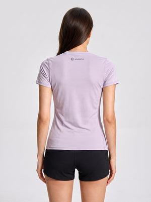 #lightpurple Rear of Women Short Sleeve Running Sports T‑Shirt