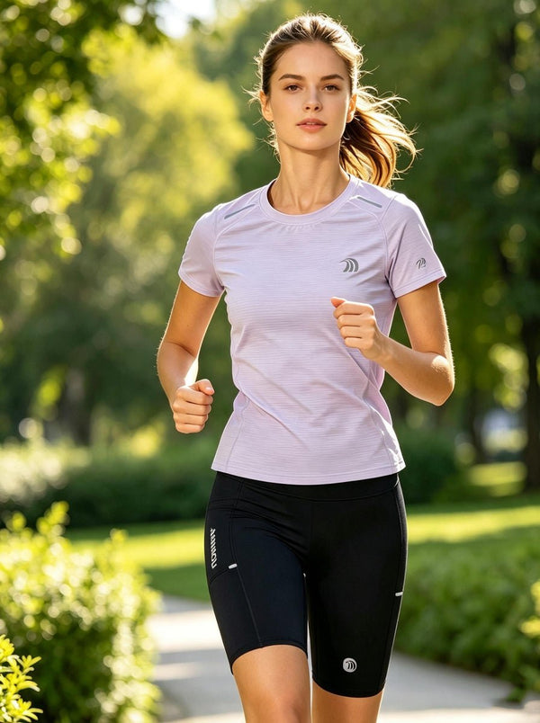 A female runner jogging outdoors in a sun‑dappled park. She wears a #lightpurple quick‑dry short‑sleeve sports tee with brand logo and black athletic biker shorts. Lush green trees form the soft‑focus background under natural daylight.