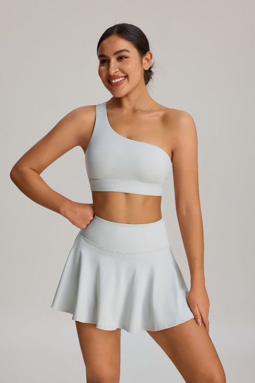 #lightgray one-shoulder sports bra and skirt by Anniou