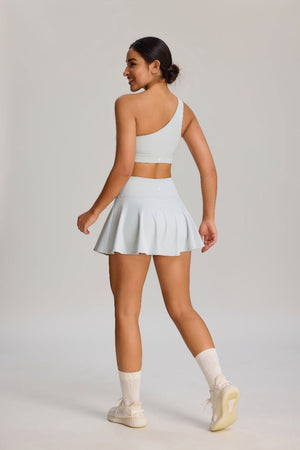 #lightgray one-shoulder sports bra and skirt set by Anniou