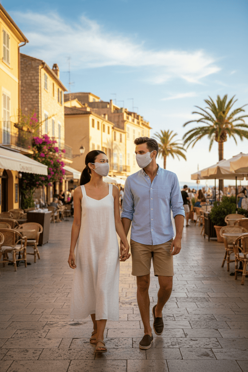 Couple walking on a sunlit street with palm trees and buildings in the background wearing masks