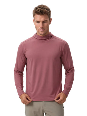Caucasian male model wearing # Red Strawberry hooded long-sleeve sun protection top and khaki trousers, holding the hem of the shirt, plain white background.