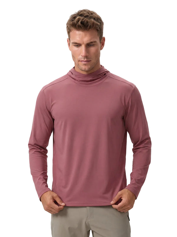 Caucasian male model wearing # Red Strawberry hooded long-sleeve sun protection top and khaki trousers, holding the hem of the shirt, plain white background.