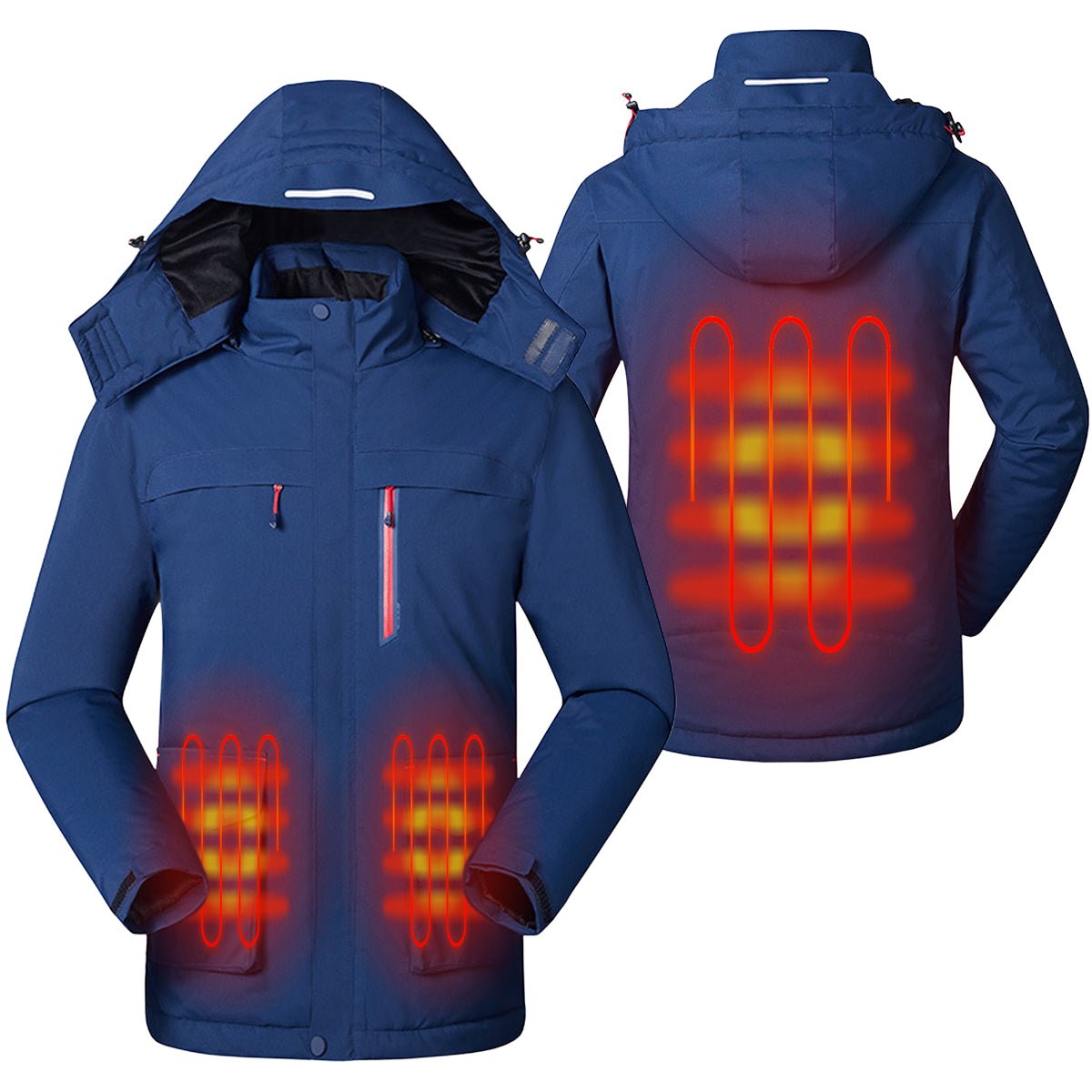 men's navy blue Heated Trekking Jacket with 3 heat zones and detachable hood