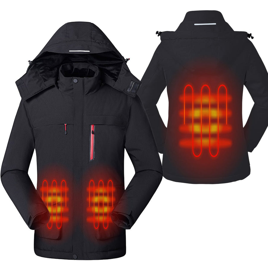 men's black Heated Trekking Jacket with 3 heat zones and detachable hood