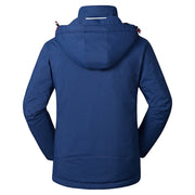 men's navy blue Heated Trekking Jacket with 3 heat zones and detachable hood rear